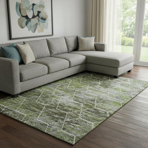 HomeRoots 8' X 10' Stylish Olive Green Gray Ivory Geometric Washable Area Rug with UV Protection & Non-Slip Backing 699194