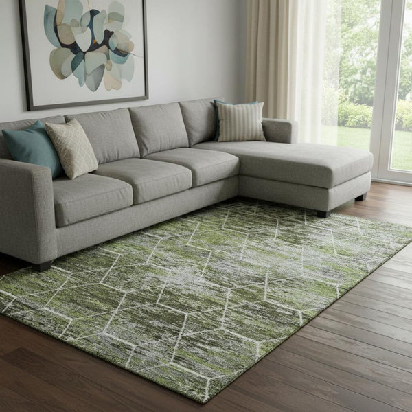 HomeRoots 8' X 10' Stylish Olive Green Gray Ivory Geometric Washable Area Rug with UV Protection & Non-Slip Backing 699194