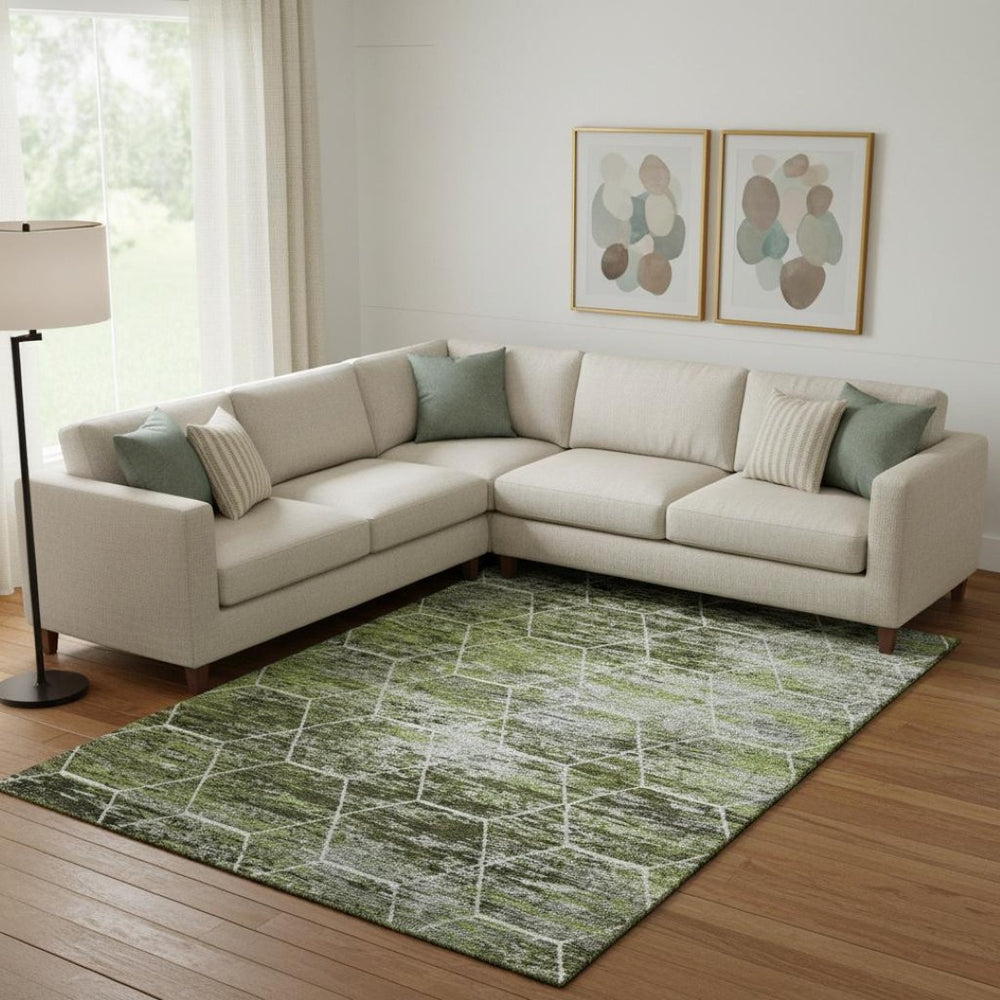 HomeRoots 9' X 12' Olive Green Gray Ivory Geometric Area Rug - Washable, UV Protected, Durable for High-Traffic Spaces 699195