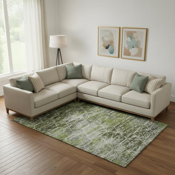 HomeRoots 10' X 14' Olive Green, Gray & Ivory Geometric Washable Area Rug - UV Protected, Stain-Resistant Design 699196