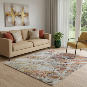 HomeRoots 5' X 8' Stylish Pink Peach Ivory Geometric Area Rug – Washable, Stain Resistant, UV Protected & Non-Slip 699198