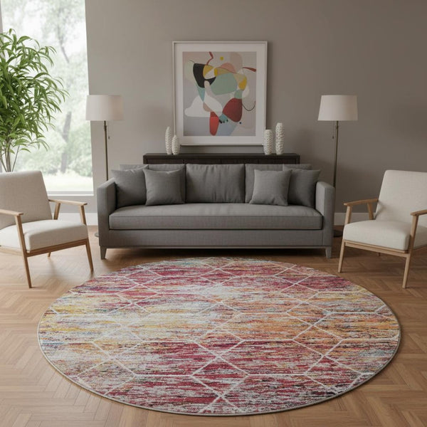 HomeRoots 8' Stylish Pink Peach Ivory Washable Round Rug - Modern Geometric Design with UV Protection & Easy Care 699199