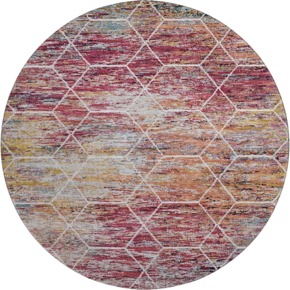 HomeRoots 8' Stylish Pink Peach Ivory Washable Round Rug - Modern Geometric Design with UV Protection & Easy Care 699199