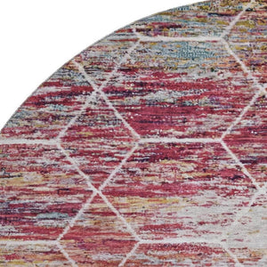 HomeRoots 8' Stylish Pink Peach Ivory Washable Round Rug - Modern Geometric Design with UV Protection & Easy Care 699199