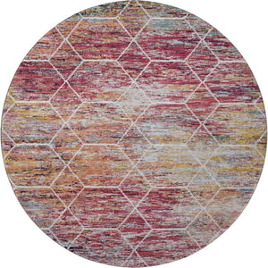 HomeRoots 8' Stylish Pink Peach Ivory Washable Round Rug - Modern Geometric Design with UV Protection & Easy Care 699199