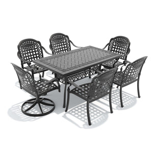 English Elm 7-piece Cast Aluminum Outdoor Dining Set with Carved Detail and Swivel Chairs W1710S00378