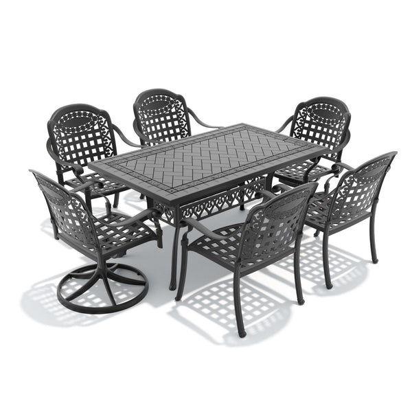 English Elm 7-piece Cast Aluminum Outdoor Dining Set with Carved Detail and Swivel Chairs W1710S00378