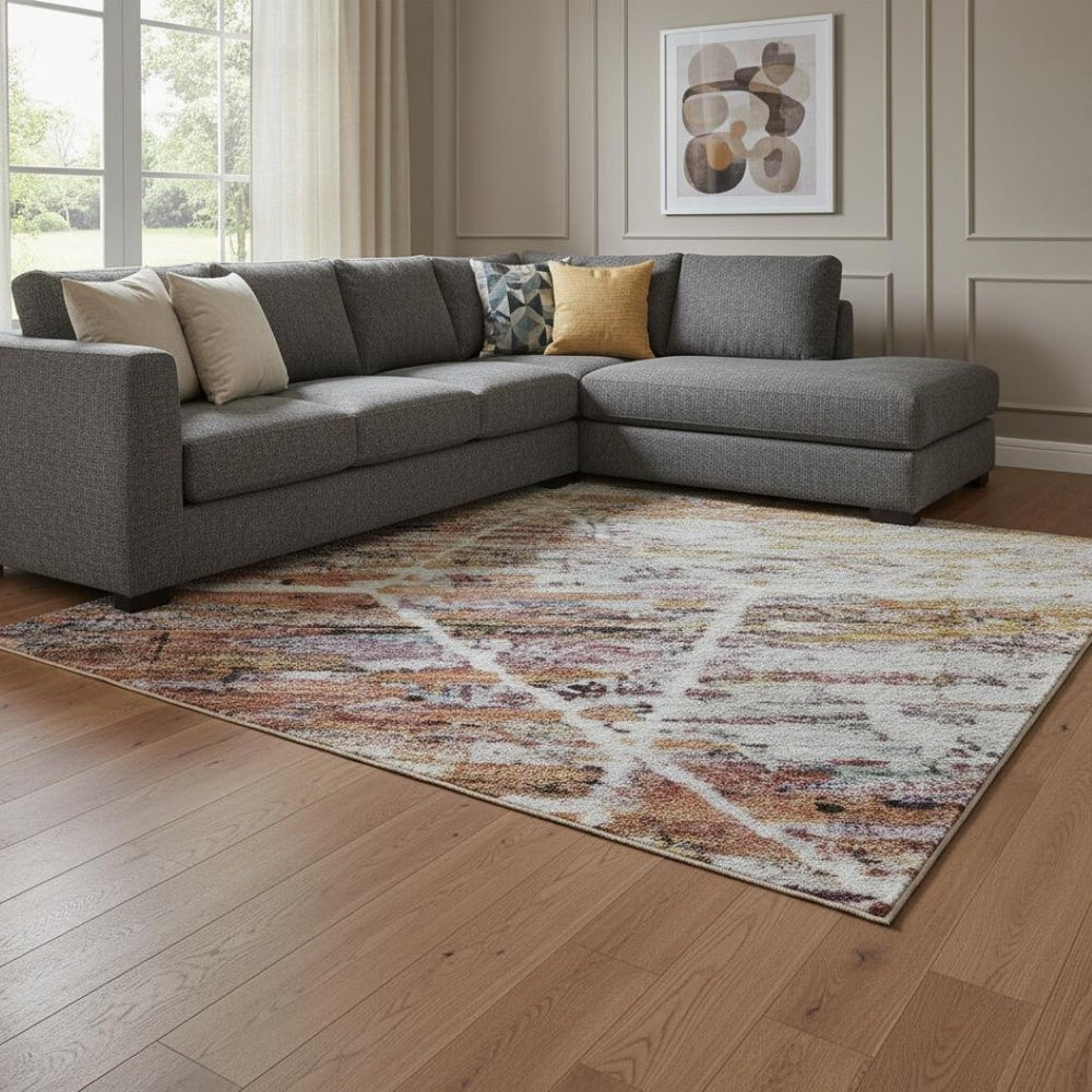 HomeRoots 8' X 10' Stylish Pink Peach Ivory Geometric Washable Area Rug - Durable, UV Protected & Easy Care! 699200