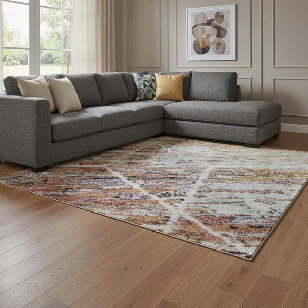 HomeRoots 8' X 10' Stylish Pink Peach Ivory Geometric Washable Area Rug - Durable, UV Protected & Easy Care! 699200