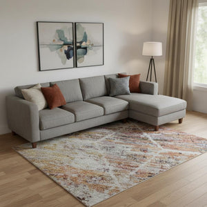 HomeRoots 9' X 12' Geometric Washable Area Rug in Pink, Peach & Ivory - UV Protected, Pet-Friendly Style! 699201