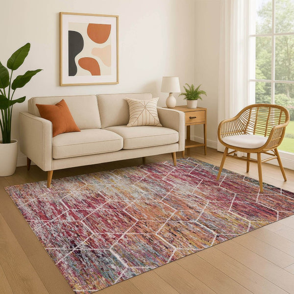 HomeRoots 10' X 14' Washable Pink Peach Ivory Geometric Area Rug – UV Protected, Stain Resistant for Modern Homes 699202