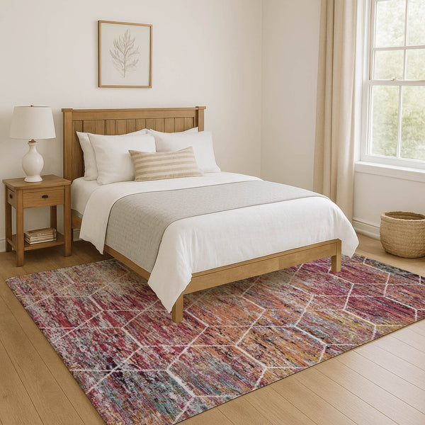 HomeRoots 10' X 14' Washable Pink Peach Ivory Geometric Area Rug – UV Protected, Stain Resistant for Modern Homes 699202