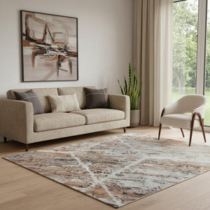 HomeRoots 5' X 8' Modern Rust Copper and Ivory Geometric Washable Area Rug with UV Protection for Homes 699204