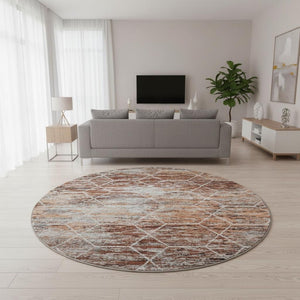 HomeRoots 8' Modern Geometric Round Rug in Rust Copper & Ivory - Washable, UV Protected, Stain Resistant Design 699205