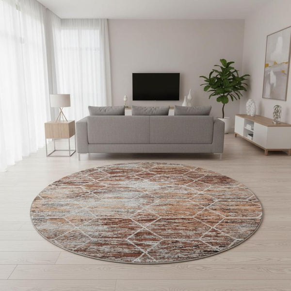HomeRoots 8' Modern Geometric Round Rug in Rust Copper & Ivory - Washable, UV Protected, Stain Resistant Design 699205