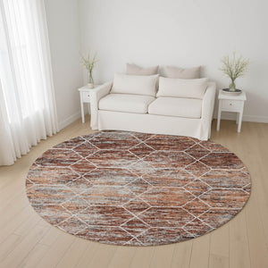 HomeRoots 8' Modern Geometric Round Rug in Rust Copper & Ivory - Washable, UV Protected, Stain Resistant Design 699205