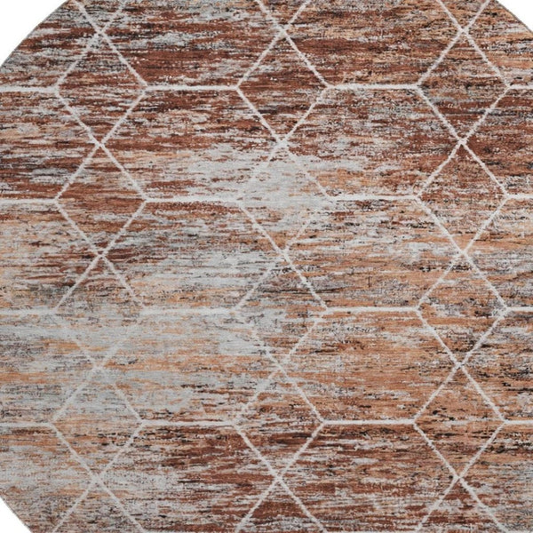 HomeRoots 8' Modern Geometric Round Rug in Rust Copper & Ivory - Washable, UV Protected, Stain Resistant Design 699205