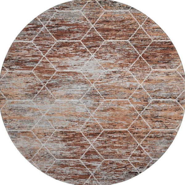 HomeRoots 8' Modern Geometric Round Rug in Rust Copper & Ivory - Washable, UV Protected, Stain Resistant Design 699205