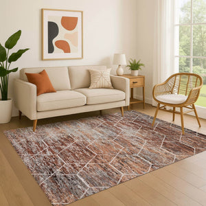 HomeRoots 9' X 12' Washable Rust Copper & Ivory Geometric Area Rug with UV Protection for Modern Homes 699207