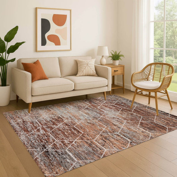 HomeRoots 9' X 12' Washable Rust Copper & Ivory Geometric Area Rug with UV Protection for Modern Homes 699207
