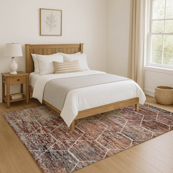 HomeRoots 9' X 12' Washable Rust Copper & Ivory Geometric Area Rug with UV Protection for Modern Homes 699207