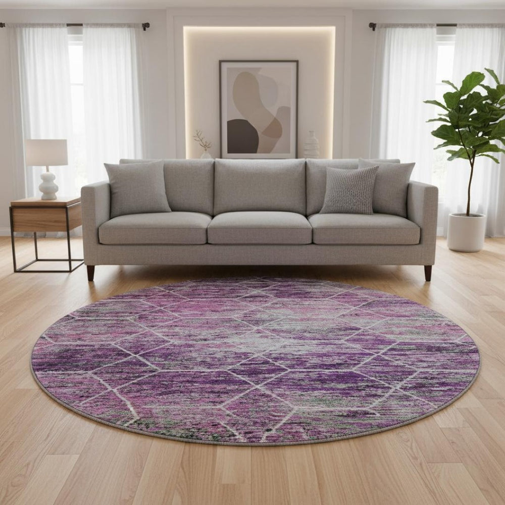 HomeRoots 8' Stylish Purple, Ivory & Blush Geometric Washable Round Rug - UV Protected & Family-Friendly Design 699211