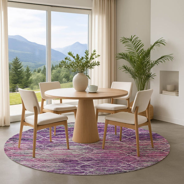 HomeRoots 8' Stylish Purple, Ivory & Blush Geometric Washable Round Rug - UV Protected & Family-Friendly Design 699211