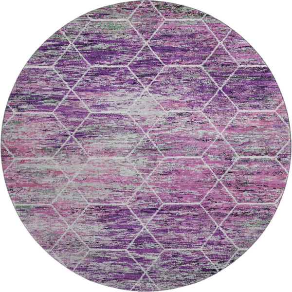 HomeRoots 8' Stylish Purple, Ivory & Blush Geometric Washable Round Rug - UV Protected & Family-Friendly Design 699211