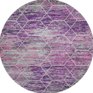 HomeRoots 8' Stylish Purple, Ivory & Blush Geometric Washable Round Rug - UV Protected & Family-Friendly Design 699211