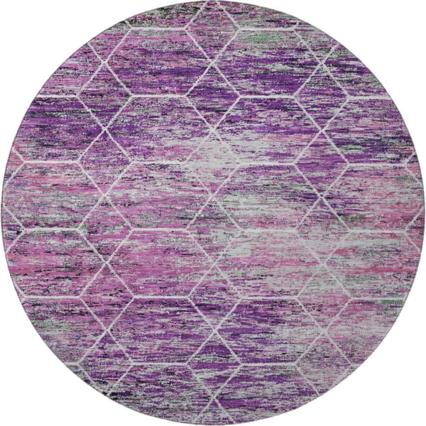 HomeRoots 8' Stylish Purple, Ivory & Blush Geometric Washable Round Rug - UV Protected & Family-Friendly Design 699211
