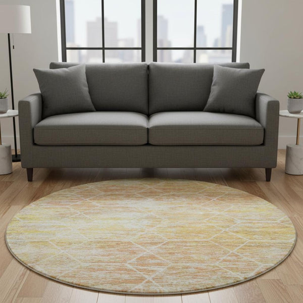 HomeRoots 8' Stylish Salmon, Ivory & Wheat Geometric Round Rug – Washable, UV-Protected, Non-Slip for Homes 699217