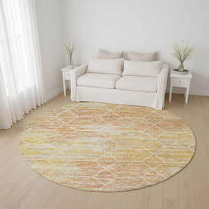 HomeRoots 8' Stylish Salmon, Ivory & Wheat Geometric Round Rug – Washable, UV-Protected, Non-Slip for Homes 699217