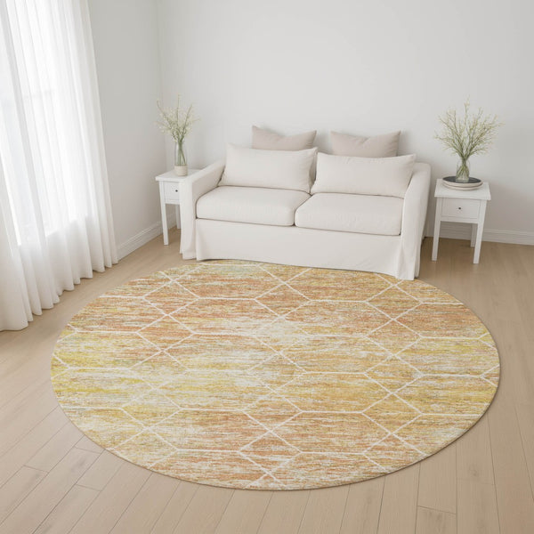 HomeRoots 8' Stylish Salmon, Ivory & Wheat Geometric Round Rug – Washable, UV-Protected, Non-Slip for Homes 699217
