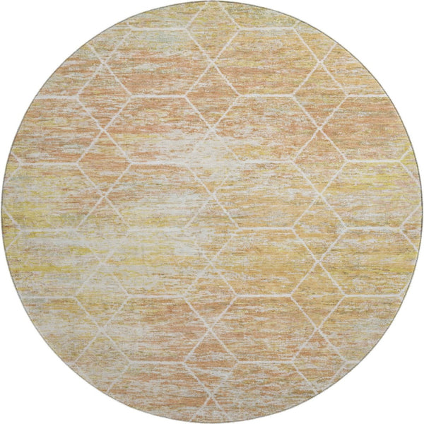 HomeRoots 8' Stylish Salmon, Ivory & Wheat Geometric Round Rug – Washable, UV-Protected, Non-Slip for Homes 699217