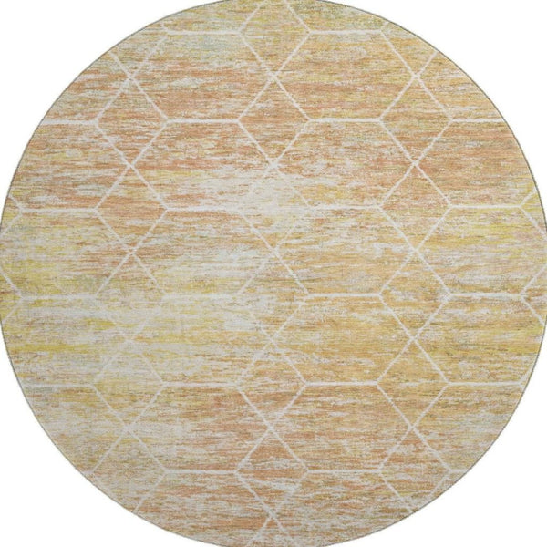 HomeRoots 8' Stylish Salmon, Ivory & Wheat Geometric Round Rug – Washable, UV-Protected, Non-Slip for Homes 699217