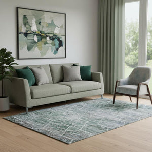 HomeRoots 5' X 8' Teal Ivory Gray Geometric Area Rug - Washable, UV-Protected, Ideal for High-Traffic Spaces 699222