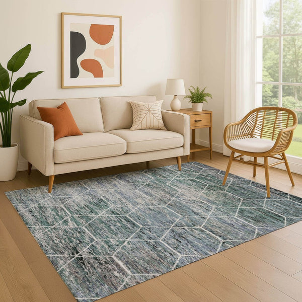 HomeRoots 5' X 8' Teal Ivory Gray Geometric Area Rug - Washable, UV-Protected, Ideal for High-Traffic Spaces 699222
