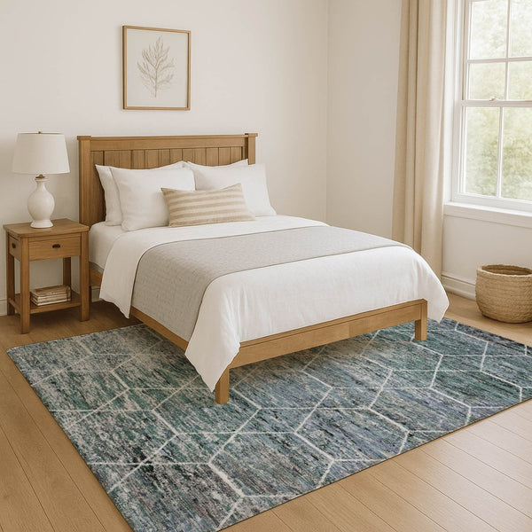 HomeRoots 5' X 8' Teal Ivory Gray Geometric Area Rug - Washable, UV-Protected, Ideal for High-Traffic Spaces 699222