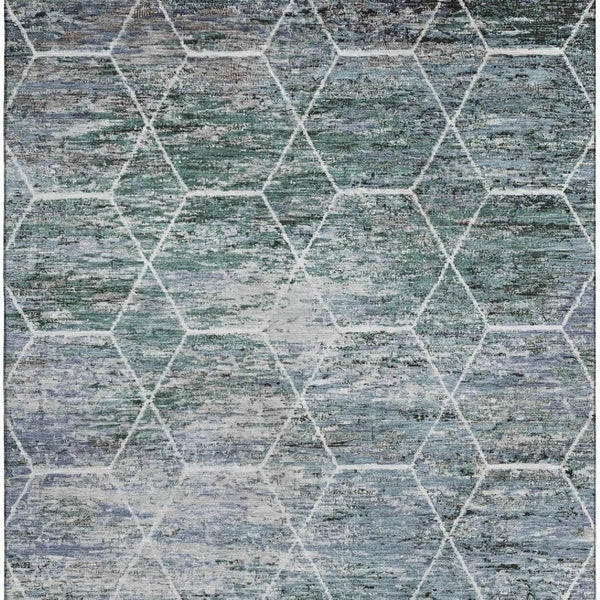 HomeRoots 5' X 8' Teal Ivory Gray Geometric Area Rug - Washable, UV-Protected, Ideal for High-Traffic Spaces 699222