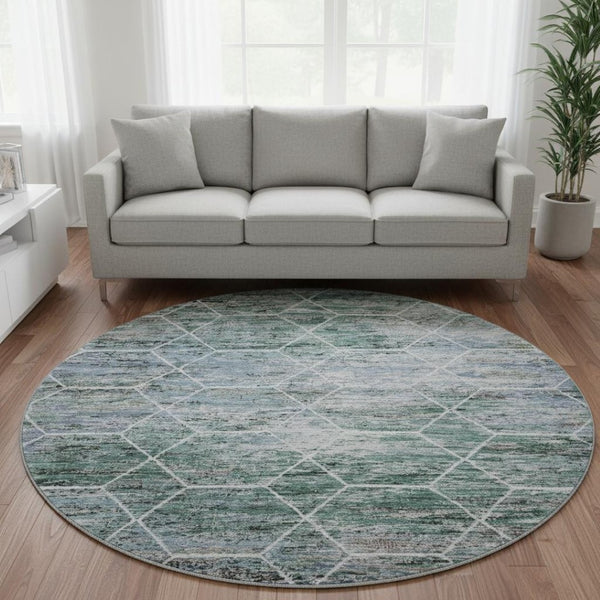 HomeRoots 8' Teal Ivory and Gray Geometric Round Rug - Washable, UV Protected, Stain Resistant for Modern Homes 699223