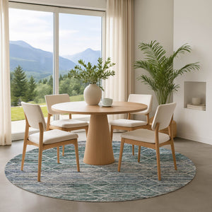 HomeRoots 8' Teal Ivory and Gray Geometric Round Rug - Washable, UV Protected, Stain Resistant for Modern Homes 699223