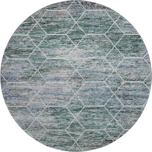 HomeRoots 8' Teal Ivory and Gray Geometric Round Rug - Washable, UV Protected, Stain Resistant for Modern Homes 699223
