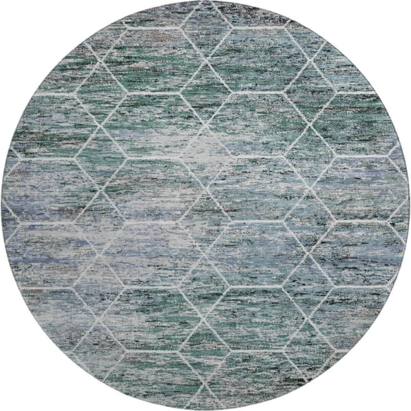 HomeRoots 8' Teal Ivory and Gray Geometric Round Rug - Washable, UV Protected, Stain Resistant for Modern Homes 699223