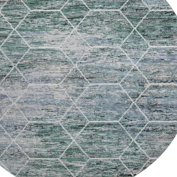 HomeRoots 8' Teal Ivory and Gray Geometric Round Rug - Washable, UV Protected, Stain Resistant for Modern Homes 699223