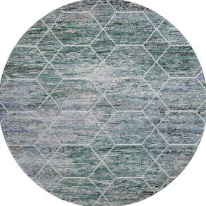 HomeRoots 8' Teal Ivory and Gray Geometric Round Rug - Washable, UV Protected, Stain Resistant for Modern Homes 699223