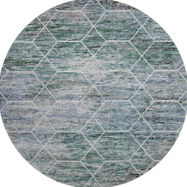 HomeRoots 8' Teal Ivory and Gray Geometric Round Rug - Washable, UV Protected, Stain Resistant for Modern Homes 699223