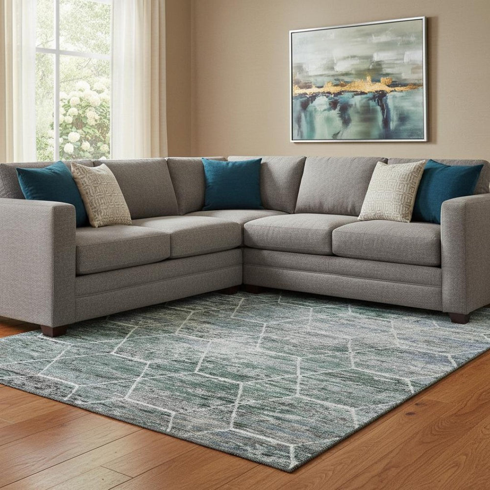 HomeRoots 8' X 10' Stylish Teal, Ivory & Gray Geometric Washable Area Rug with UV Protection & Non-Slip Backing 699224