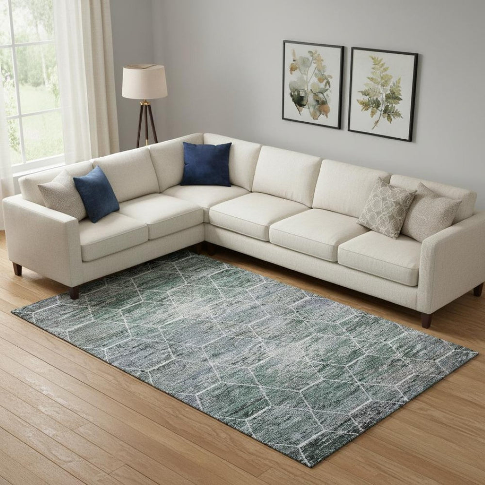 HomeRoots 9' X 12' Teal, Ivory & Gray Geometric Area Rug – Durable, Washable & UV-Protected for Modern Homes 699225