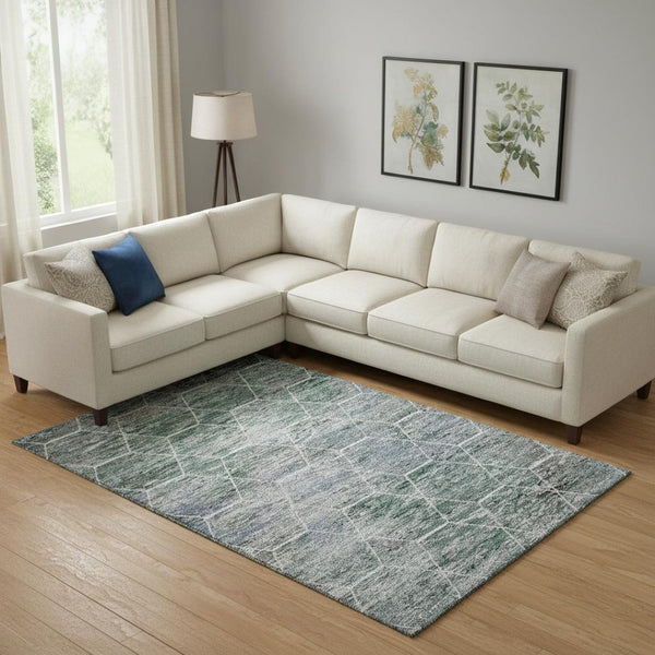 HomeRoots 10' Teal Ivory and Gray Geometric Area Rug - Washable, UV Protected, Perfect for Active Homes! 699226