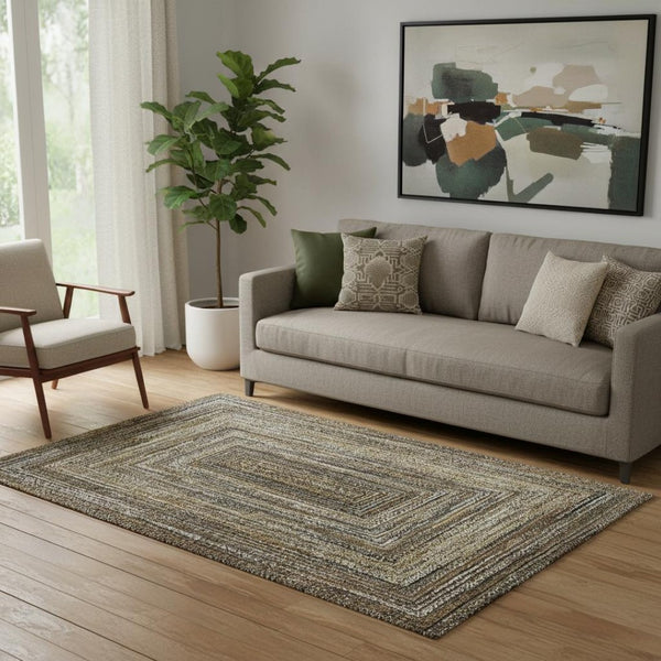 HomeRoots 5' X 8' Washable Geometric Area Rug in Brown, Beige & Gold – Stain Resistant with UV Protection! 699228
